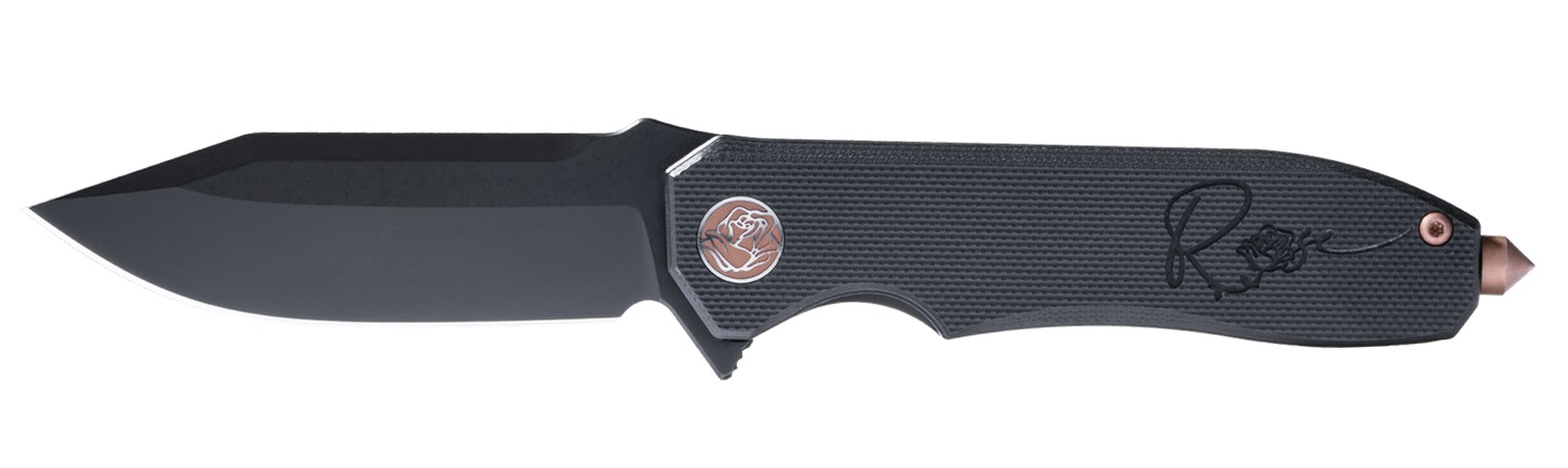 Black folding knife with textured handle and emblem