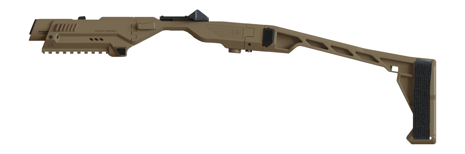 Tan tactical firearm stock on white background