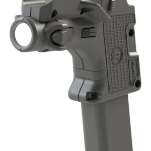 Gray semi-automatic pistol with mounted flashlight attachment
