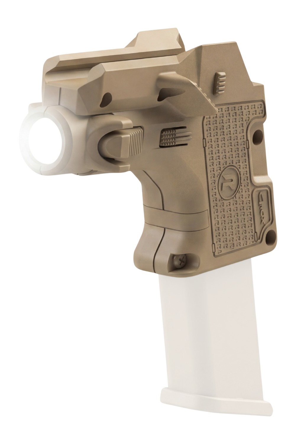 Tan tactical weapon light mounted on handgun