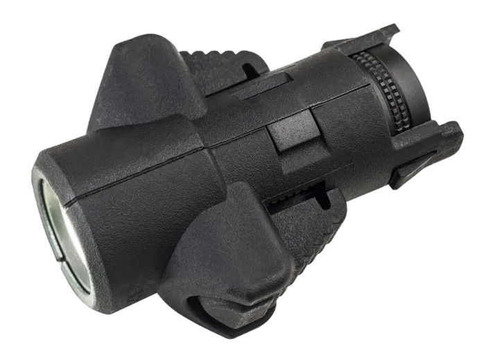 Black tactical weapon-mounted flashlight attachment