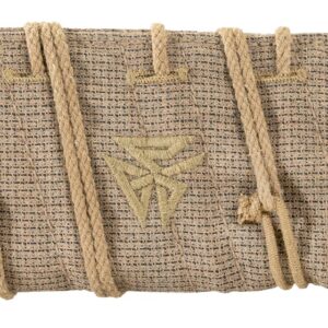 Beige woven belt with rope ties and emblem