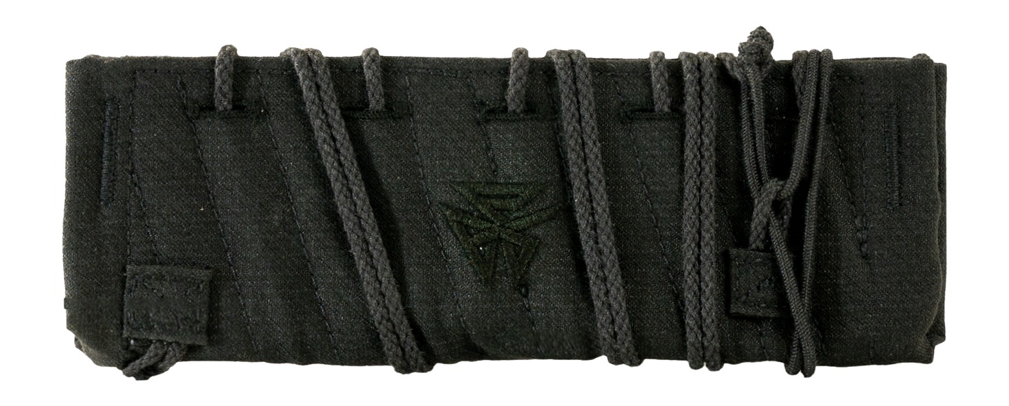 Black fabric pouch with multiple rope laces
