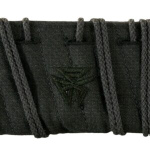 Black fabric tool roll wrapped with cords