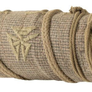 Cylindrical device wrapped in tan fabric and rope