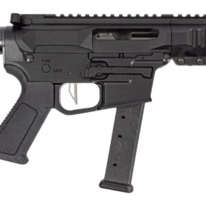 Compact black AR-style pistol with extended magazine