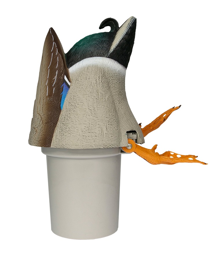 Duck decoy mounted on white cylindrical container