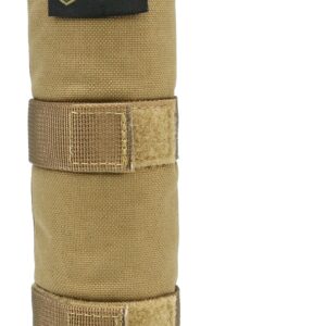 Tan tactical cylindrical pouch with Velcro straps