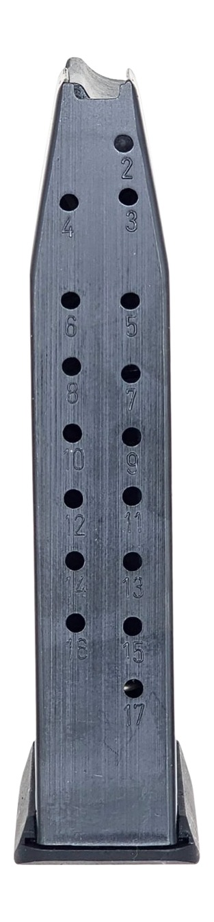 Metal handgun magazine with numbered witness holes