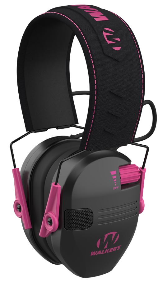 Black and pink over-ear hearing protection earmuffs