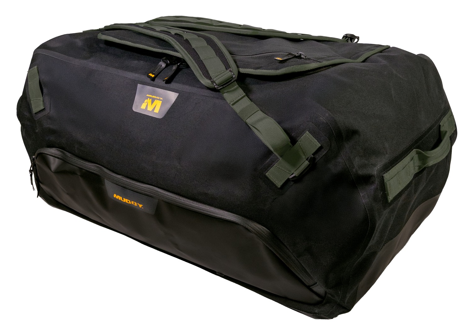 Large black duffel bag with green straps