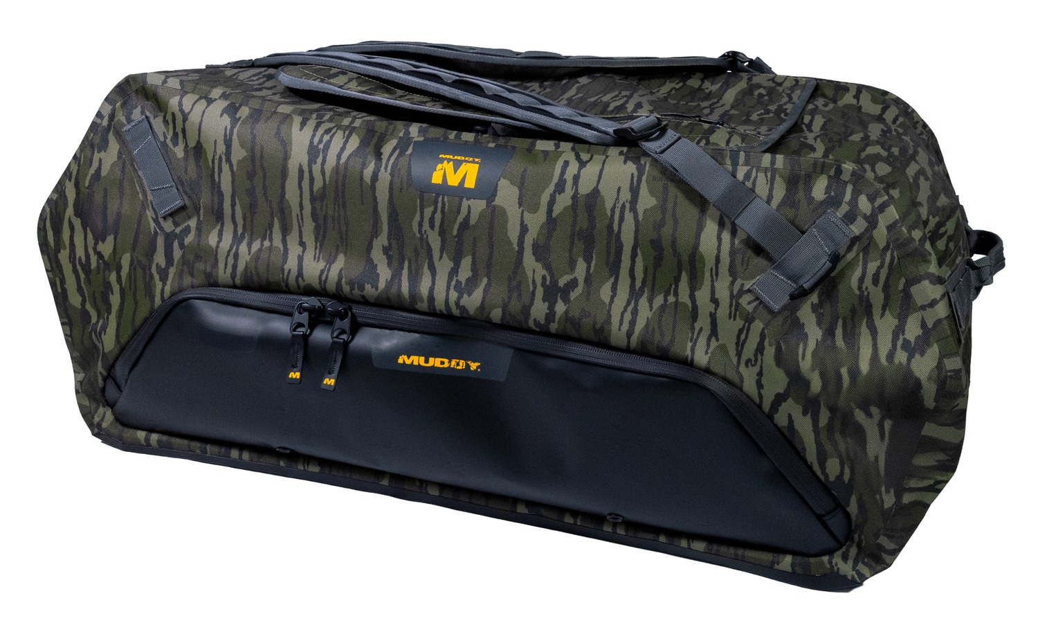 Camouflage duffel bag with black front pocket