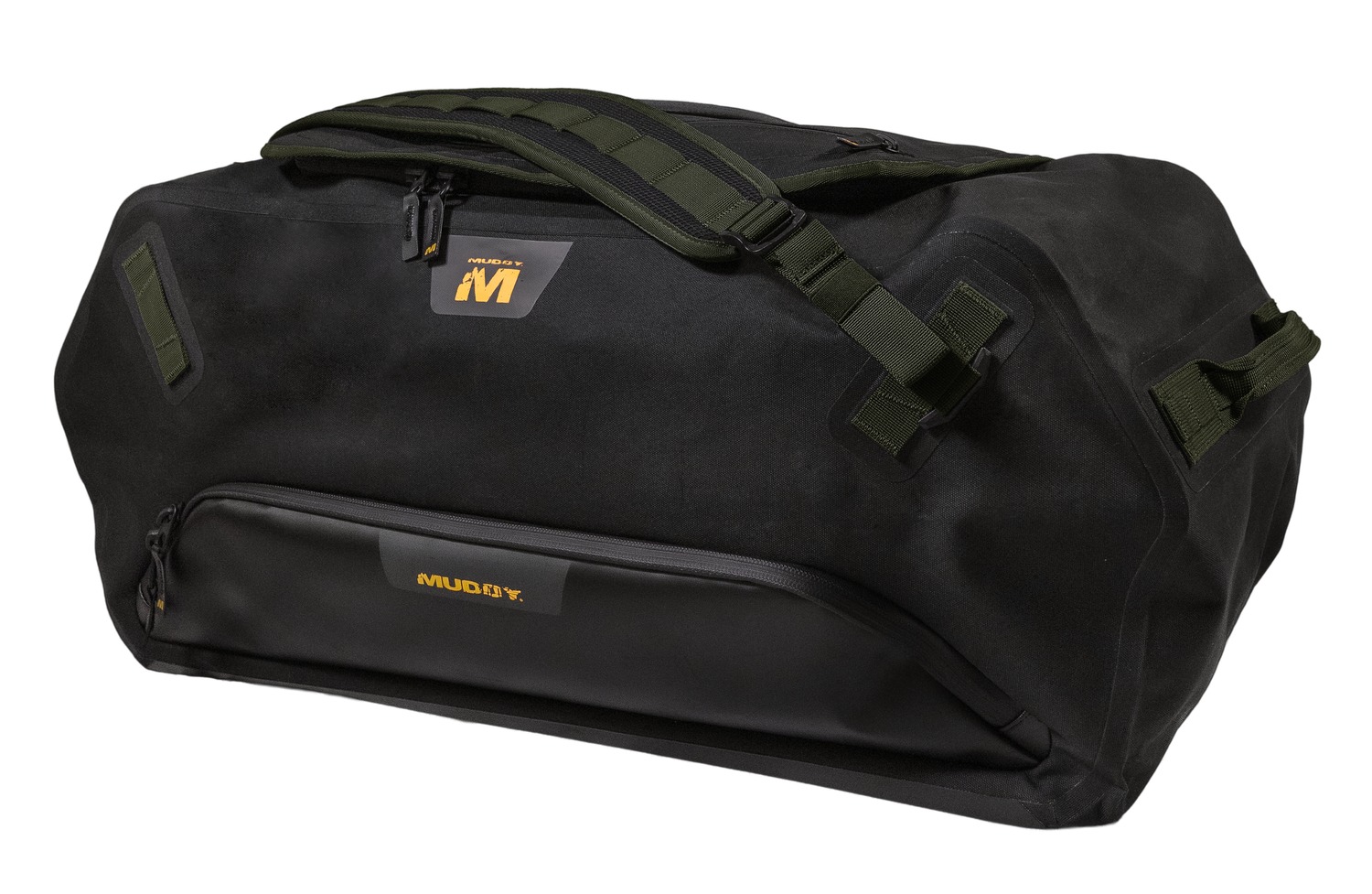 Black waterproof duffel bag with green straps