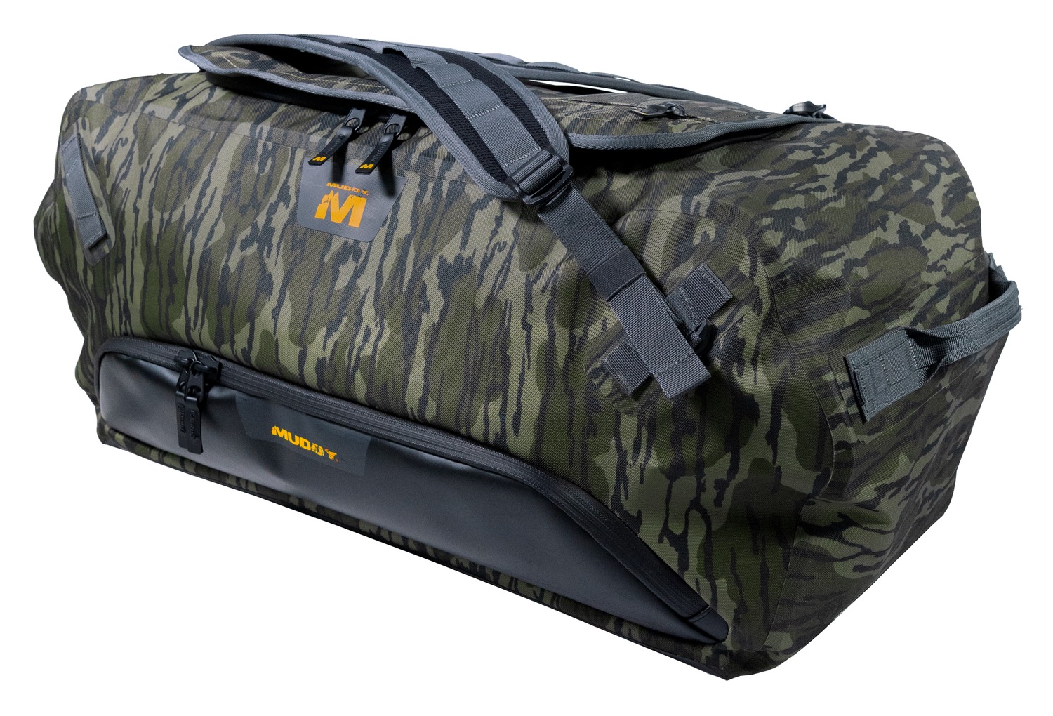 Camouflage duffel bag with straps and zip pocket