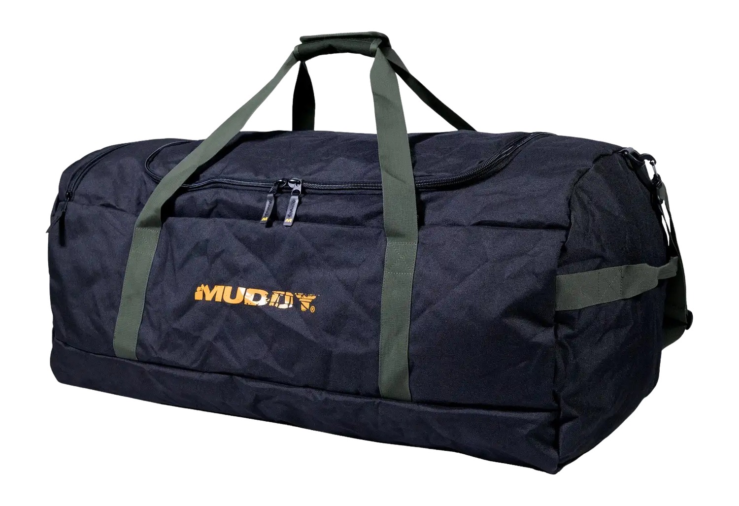 Black duffel bag with green straps and logo
