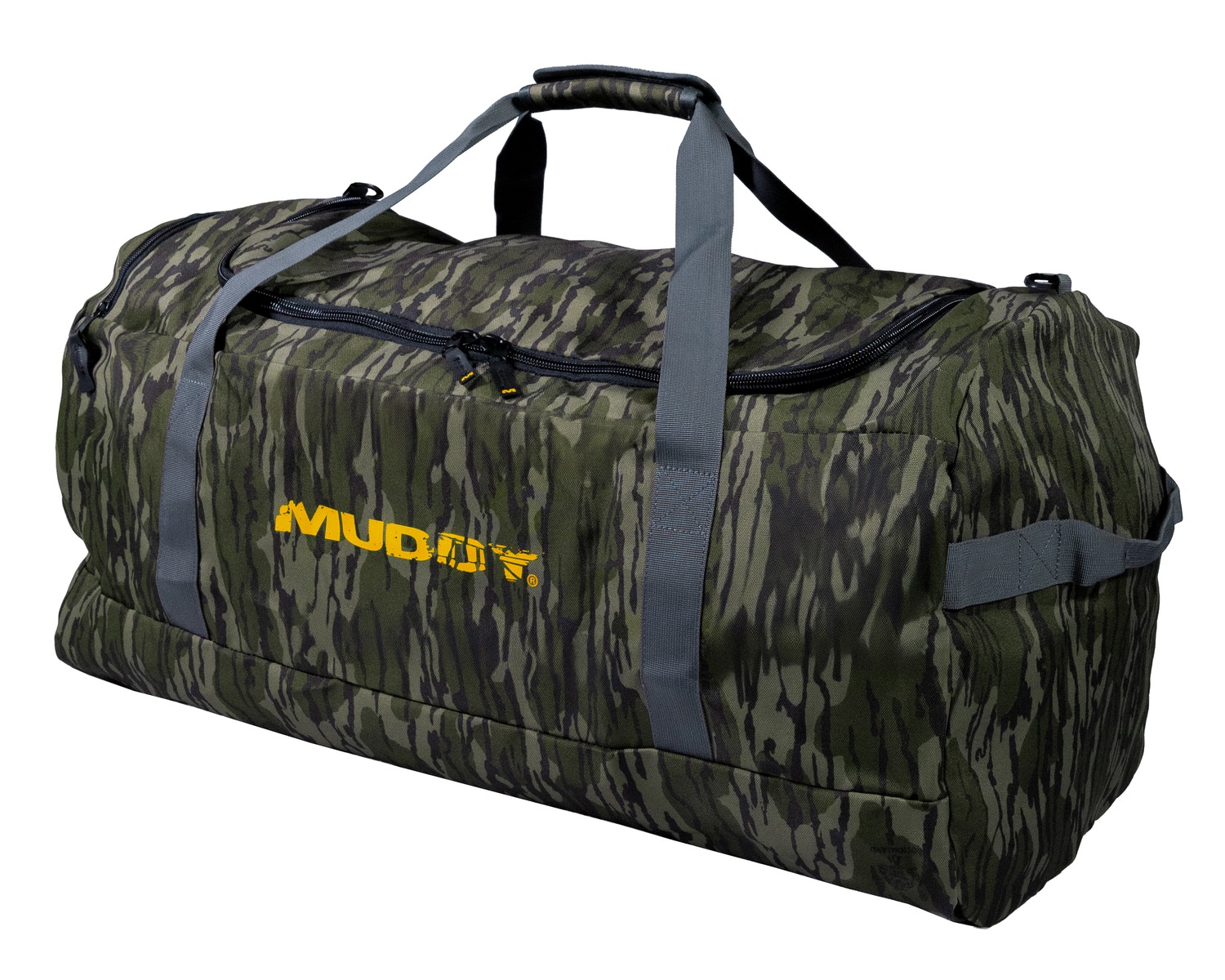 Camouflage duffel bag with gray straps