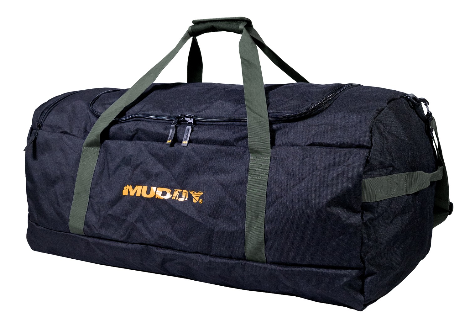 Black MUDDY duffel bag with green straps