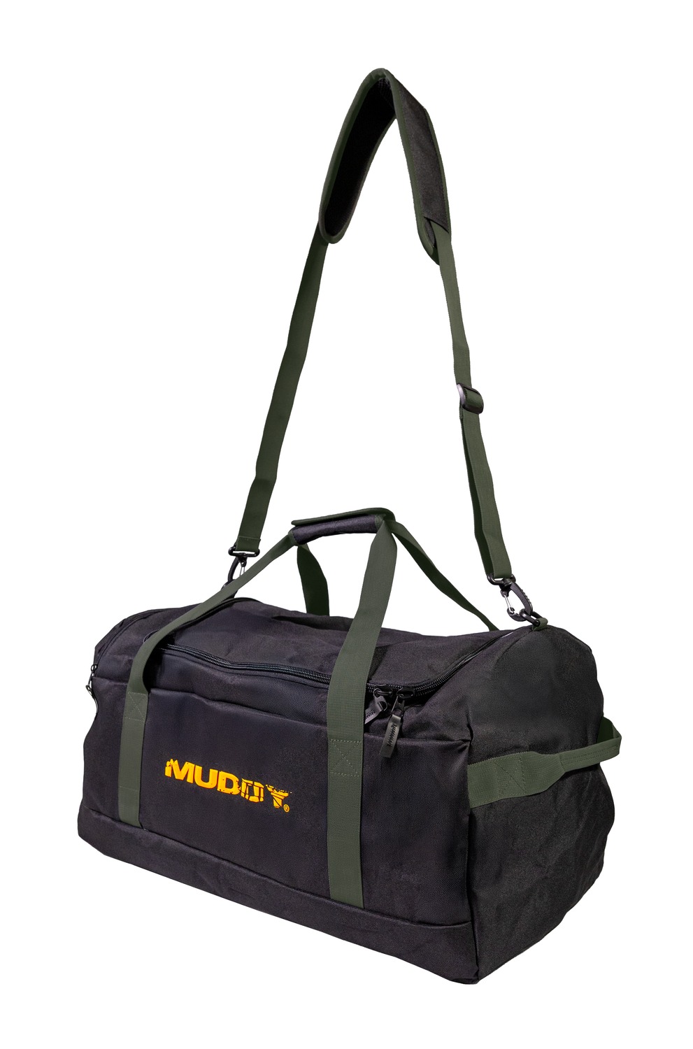 Black duffel bag with green straps