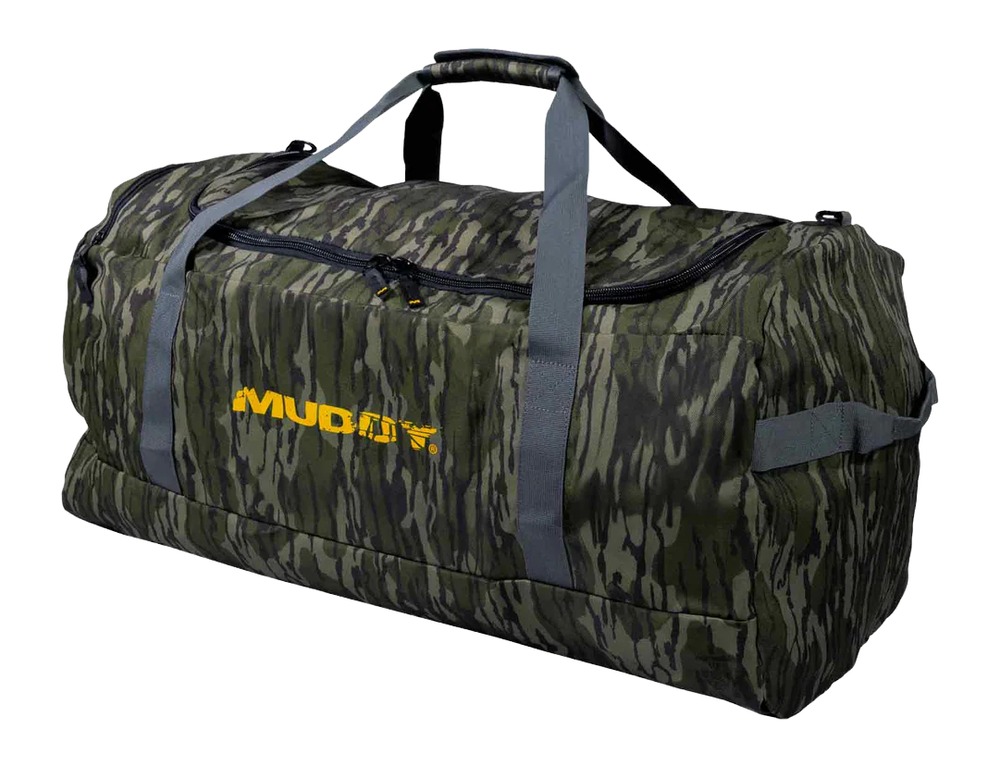 Camouflage duffel bag with gray straps