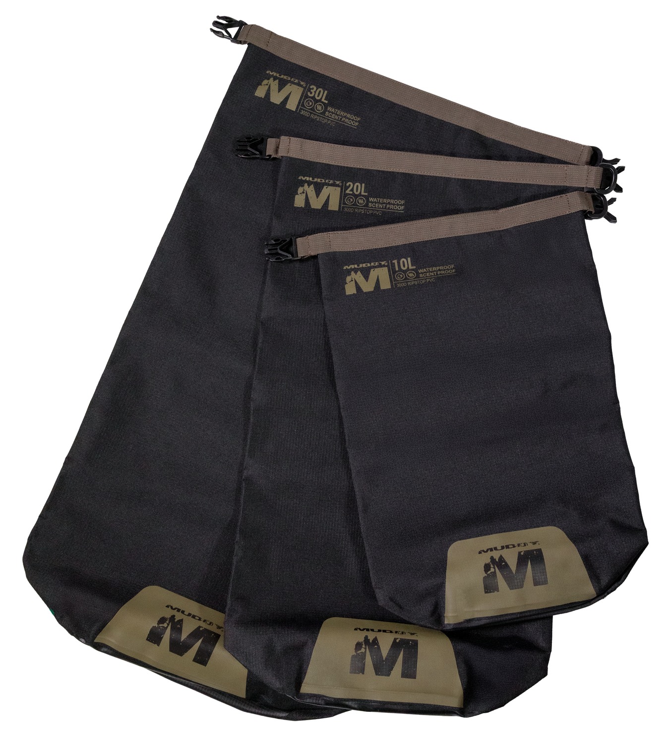 Three black waterproof roll-top dry bags
