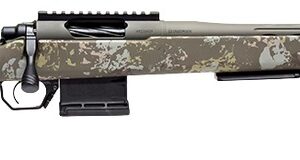 Camouflaged bolt-action hunting rifle on white background