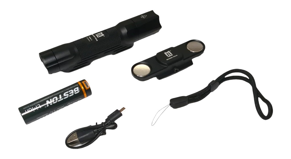 Black tactical flashlight with accessories and battery