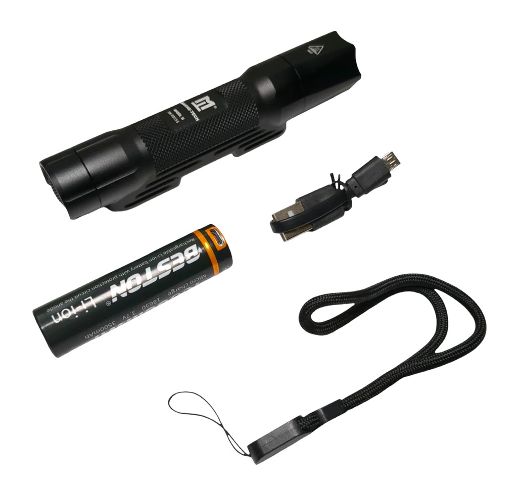 Black tactical flashlight with battery and accessories
