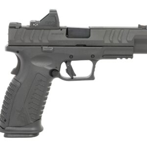 Black semi-automatic pistol with red dot sight