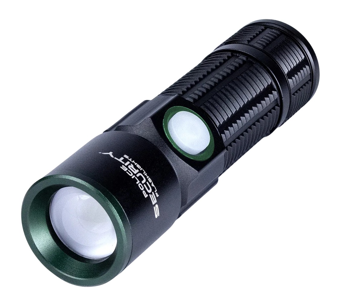 Black tactical flashlight with side power button