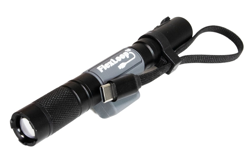 Black handheld LED flashlight with wrist strap