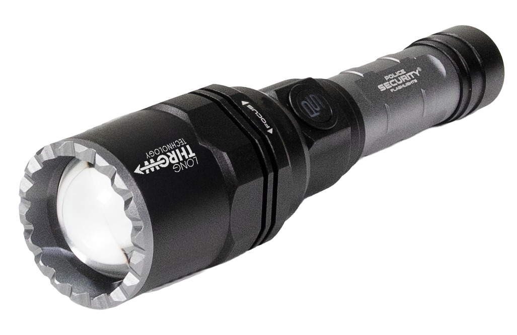 Black tactical LED flashlight on white background