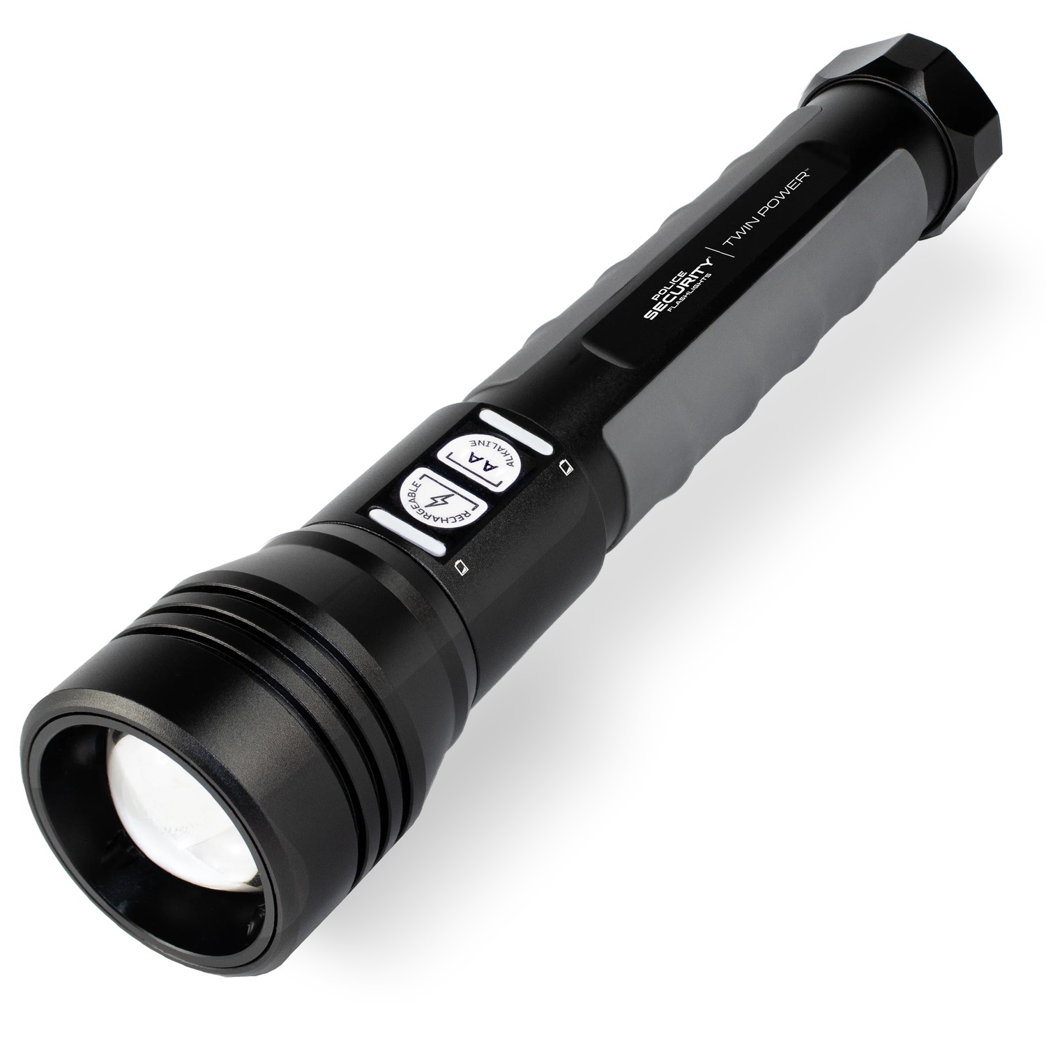 Black rechargeable LED security flashlight on white background