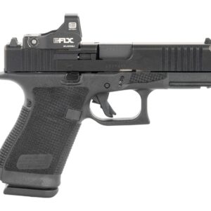 Black semi-automatic pistol with mounted red dot sight