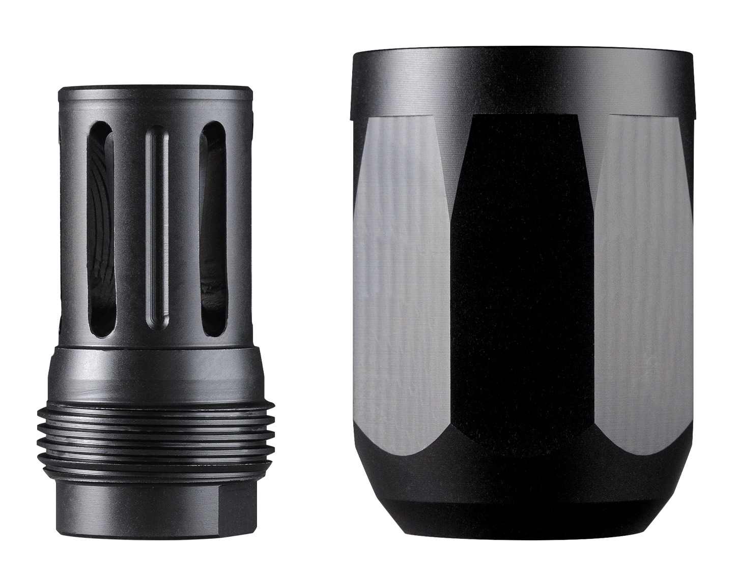 Two black metal cylindrical firearm muzzle devices