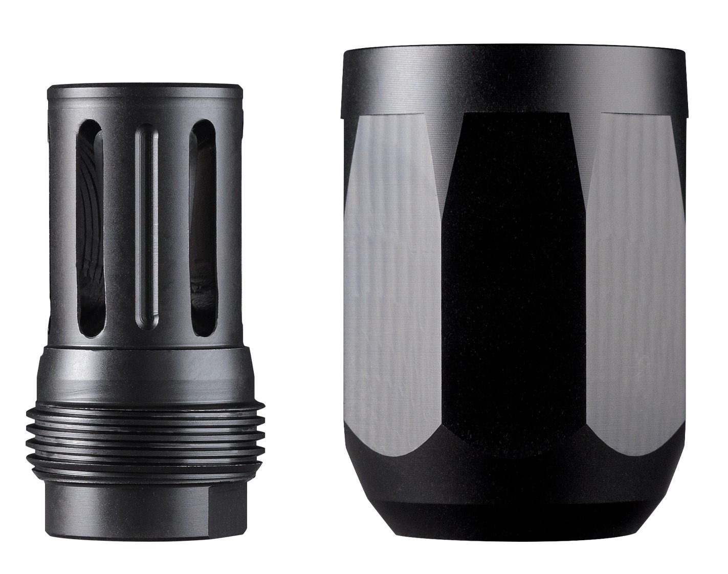 Two black metal cylindrical firearm muzzle devices