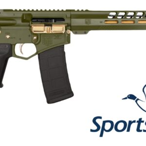 Olive green AR-style rifle with Sports South logo