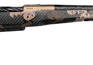 Camouflaged bolt-action hunting rifle on white background