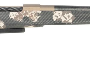 Camouflaged bolt-action rifle with long barrel