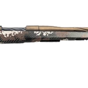 Camouflaged bolt-action rifle with long barrel
