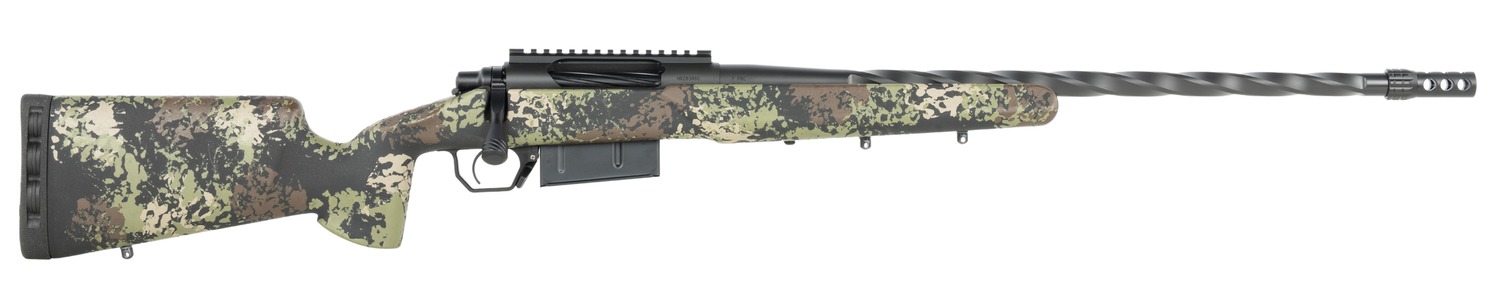 Camouflage bolt-action rifle with long barrel and muzzle brake