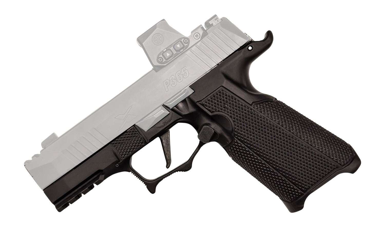 Black and silver semi-automatic handgun on white background