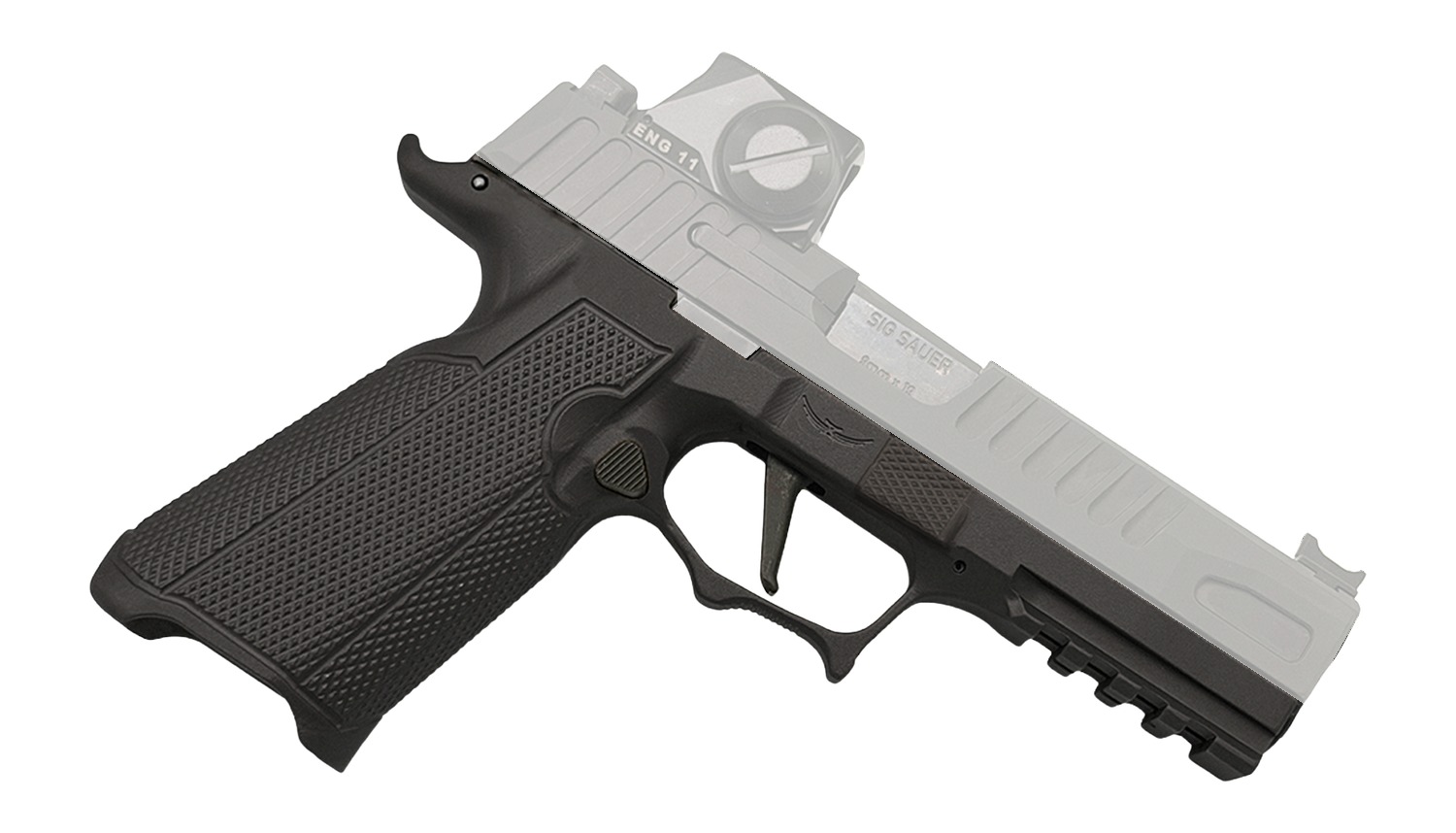 Black handgun frame with textured grip