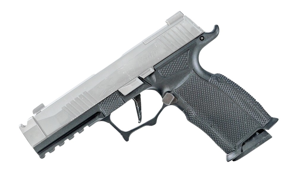 Black and silver semi-automatic handgun on white background