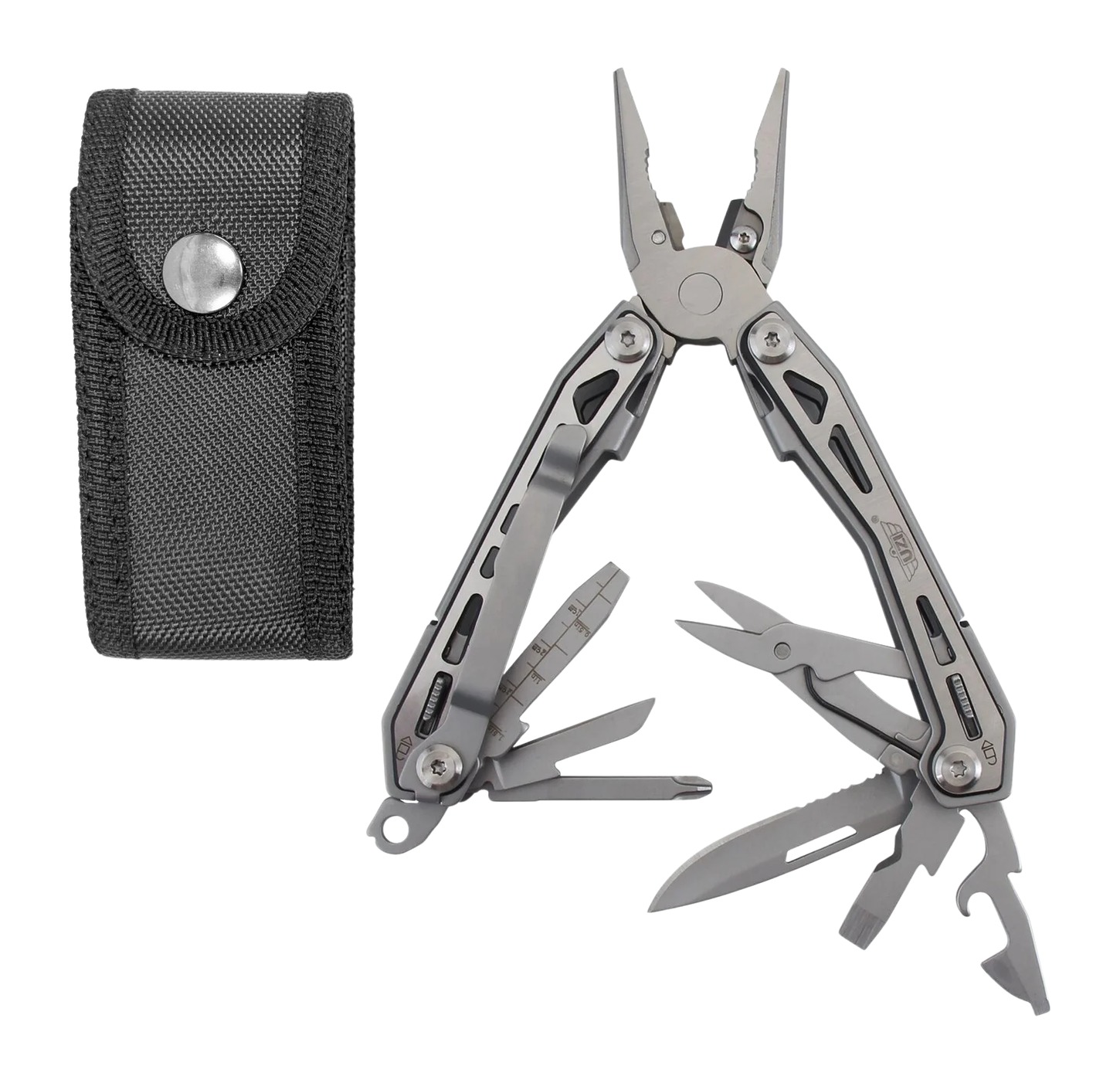 Stainless steel multi-tool with sheath and extended tools