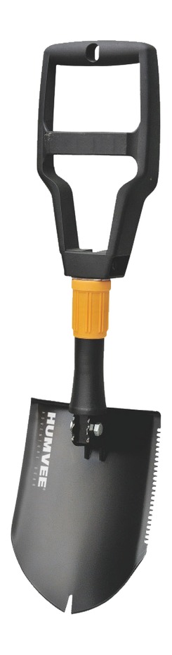 Compact folding survival shovel with serrated edge