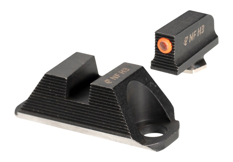 Black pistol sights with orange front dot