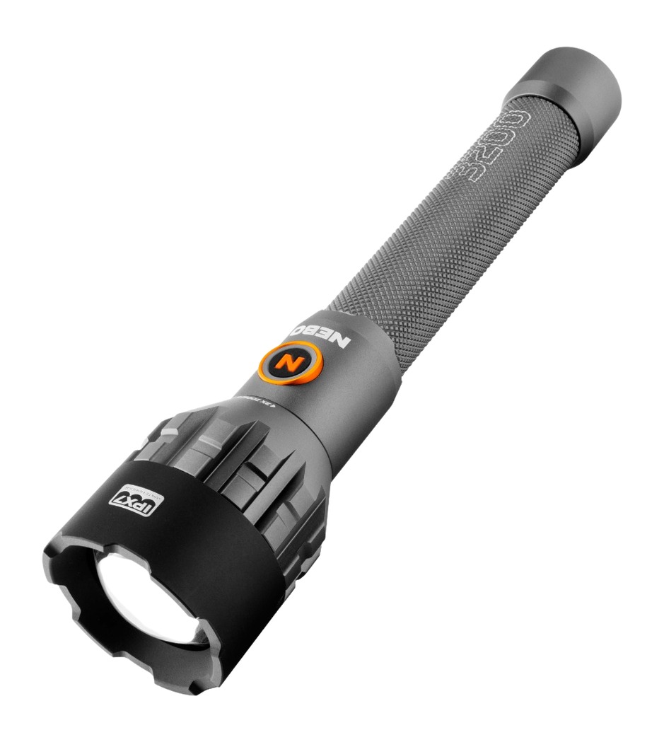 Gray handheld LED flashlight with textured grip