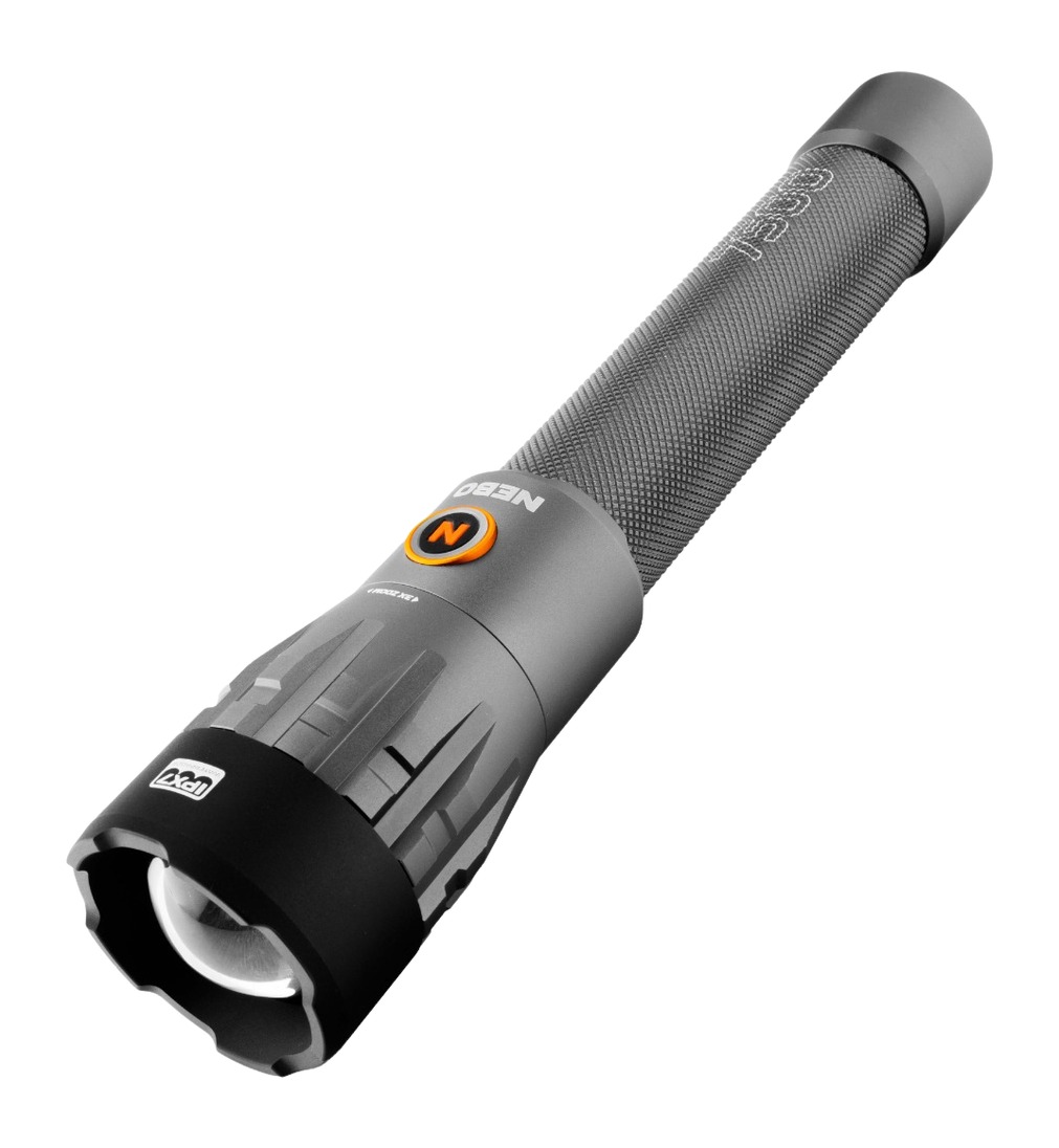 Gray handheld LED flashlight with textured grip