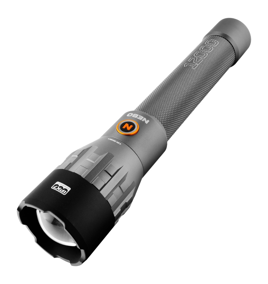 Gray handheld LED flashlight on white background