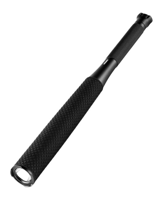 Black tactical flashlight with textured grip